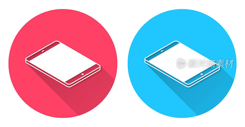 等距平板电脑-平面位置。圆形图标与长阴影在红色或蓝色的背景