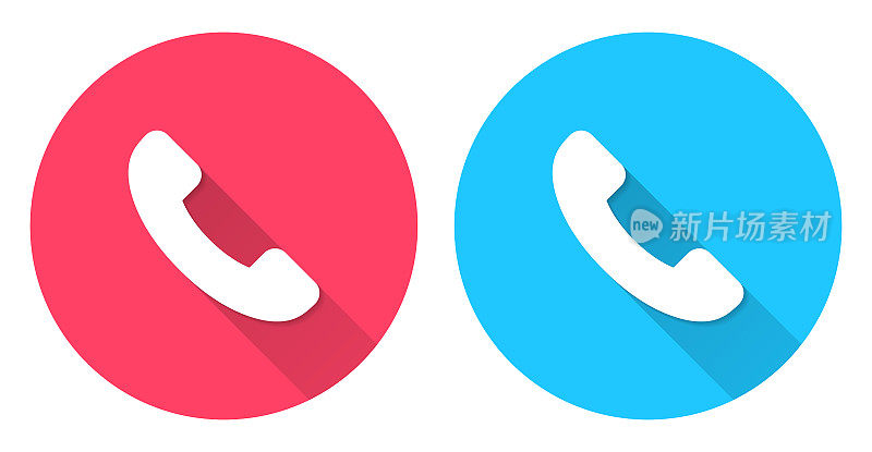 电话。圆形图标与长阴影在红色或蓝色的背景