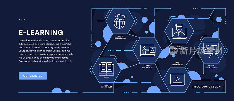 具有可编辑笔画图标的电子学习信息图表Web横幅