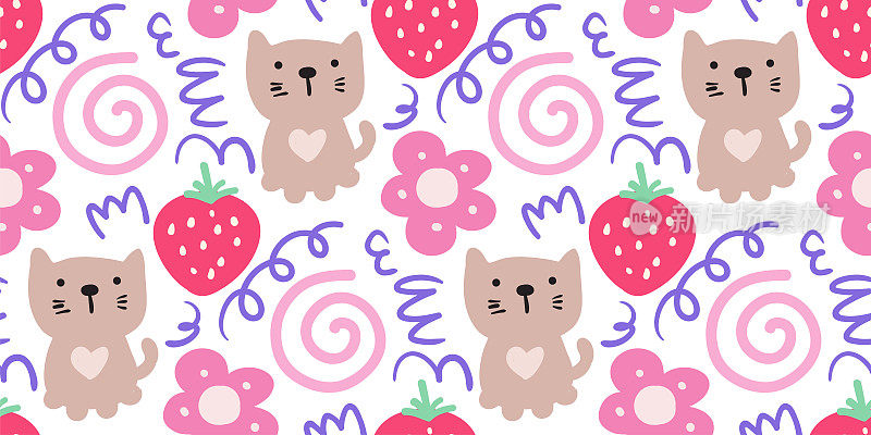 手绘可爱的猫，草莓，花，和漩涡线涂鸦无缝图案