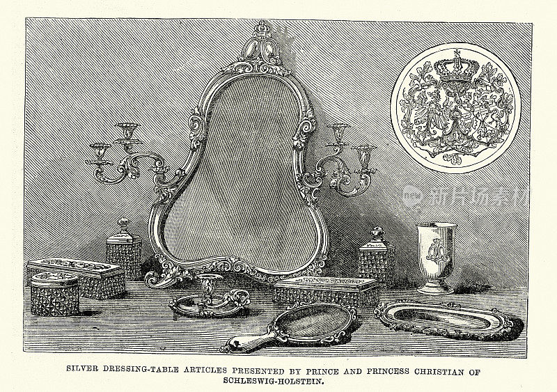 银梳妆台物品，礼物，皇家婚礼在柏林，德国，1881年，威廉二世和石勒苏益格-荷尔斯泰因的奥古斯塔维多利亚