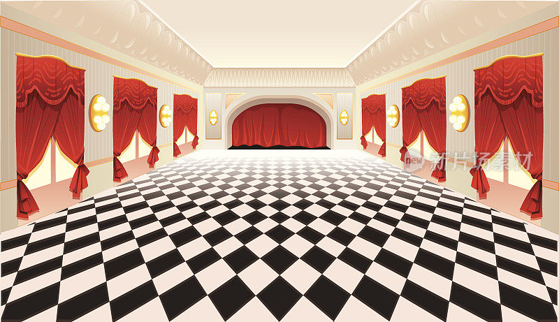 室内用红色窗帘和瓷砖地板