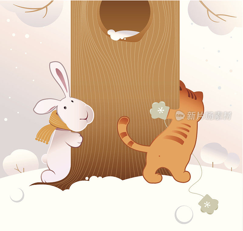 兔子和猫在冬天玩