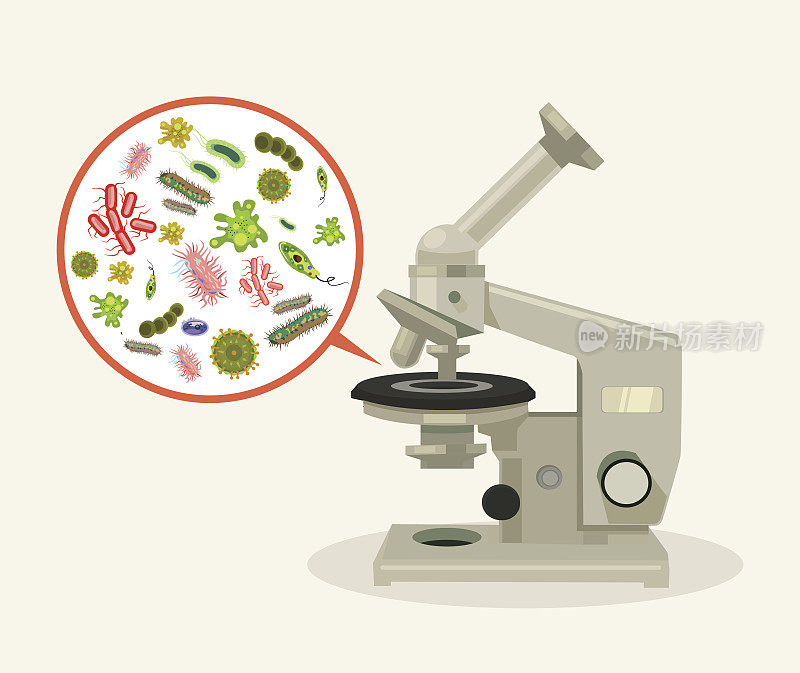 显微镜下的微生物。矢量平面卡通插图