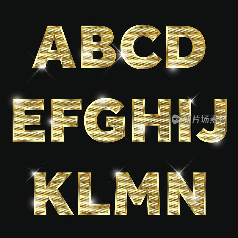 金色闪光的金属字母设置A到N大写。