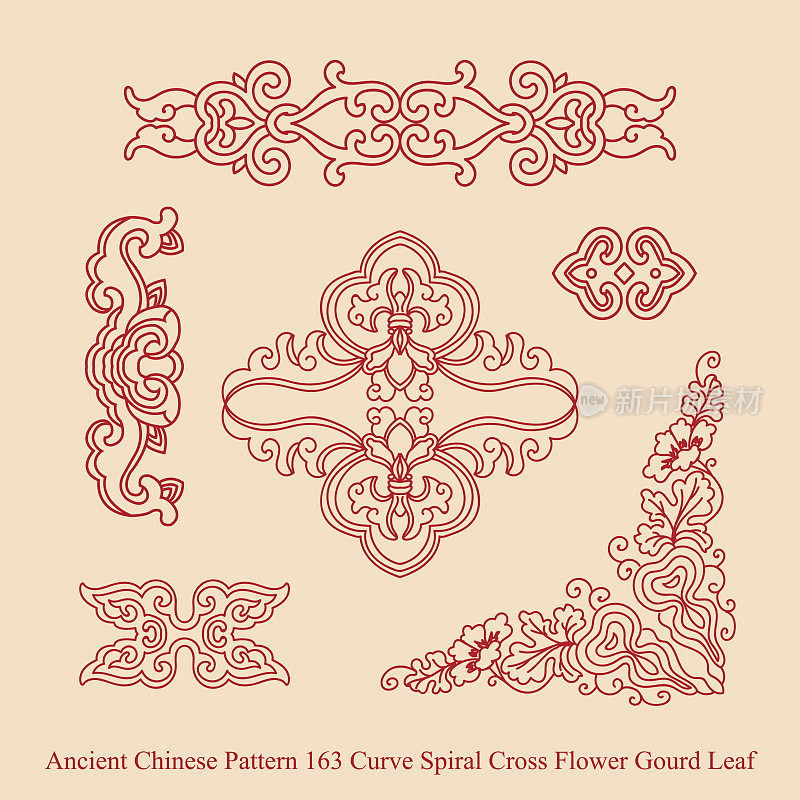 中国古代图案的曲线螺旋十字花葫芦叶