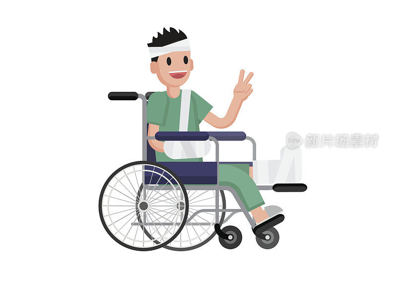 一个断了腿的人坐在轮椅上。