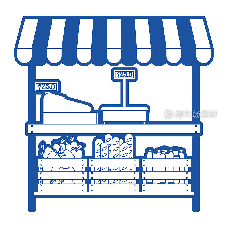 超市货架与称量机和收银机和遮阳与食物在蓝色轮廓