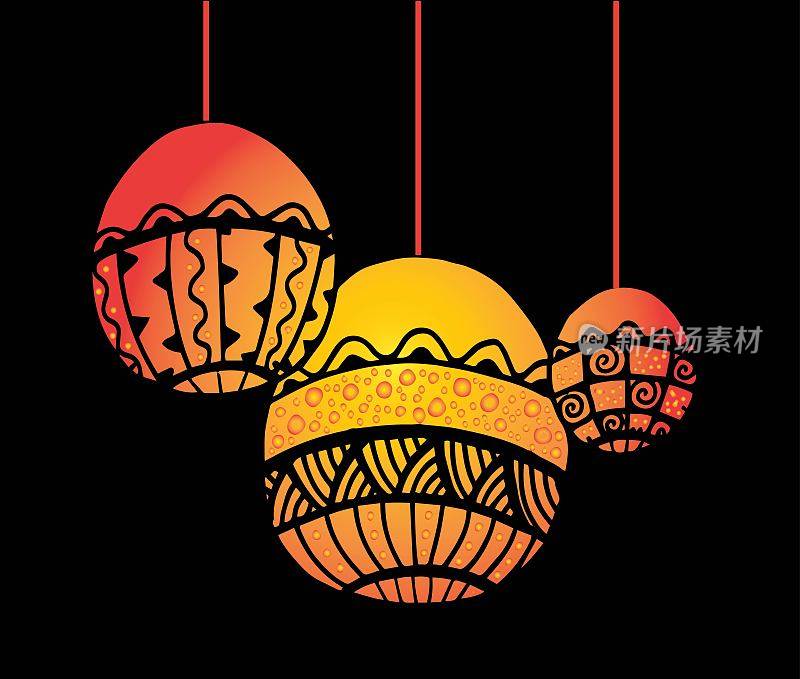 中国灯笼画-插图中国新年，单一对象，传统节日，德国，黑色和白色