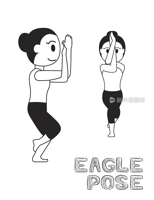 瑜伽鹰姿态卡通矢量插图单色