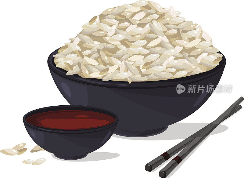 日本的食物。碗配白米饭。矢量插图集