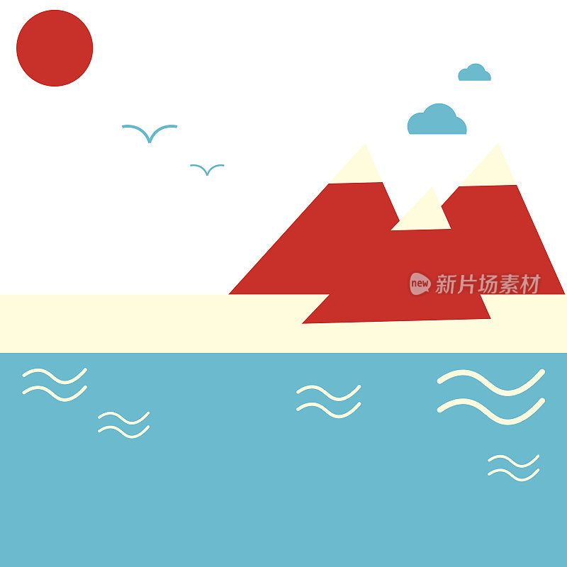 抽象的极简主义插图:山脉、海边或湖边。作为海边度假胜地的海报或山区度假胜地的推广。夏季休闲或度假主题。建构主义风格。