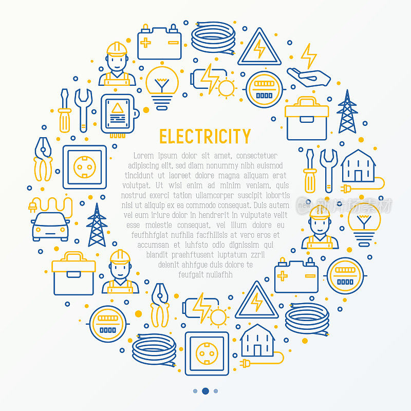 电学概念在圆形与细线图标:电工，灯泡，塔，工具箱，电缆，电动车，手，太阳能电池。矢量插图的旗帜，网页，印刷媒体。