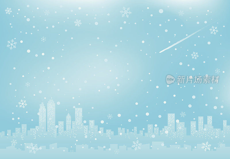 蓝色圣诞冬季背景与雪城市景观插图