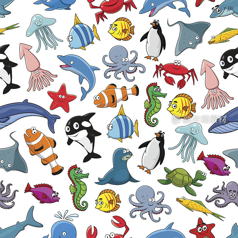 海洋鱼类动物卡通矢量无缝图案