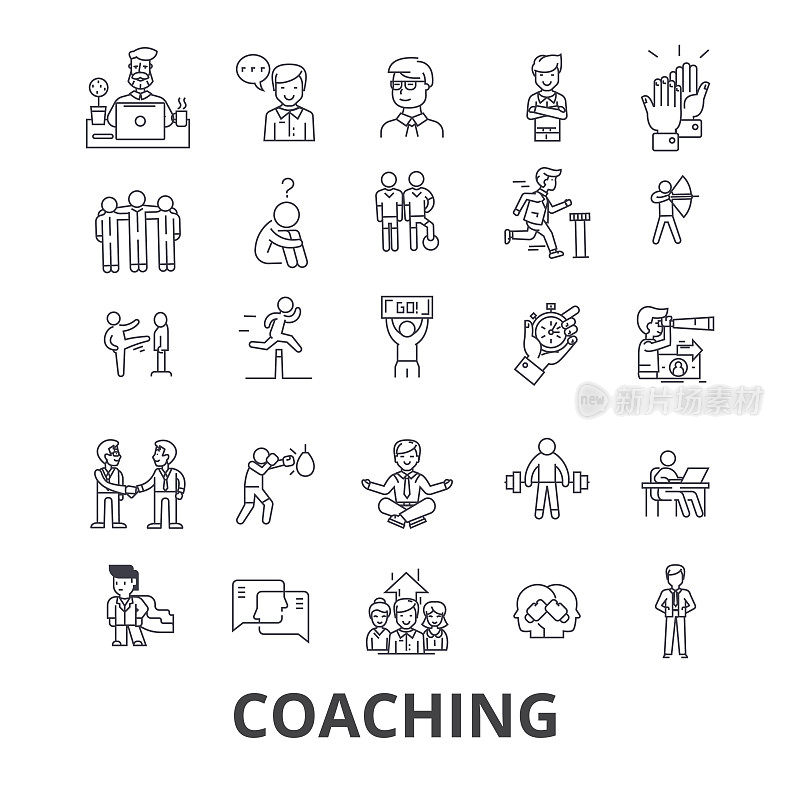 教练，运动教练，导师，教练巴士，生活教练，训练，教练员，哨子线图标。可编辑的中风。平面设计矢量插图符号概念。线性迹象孤立