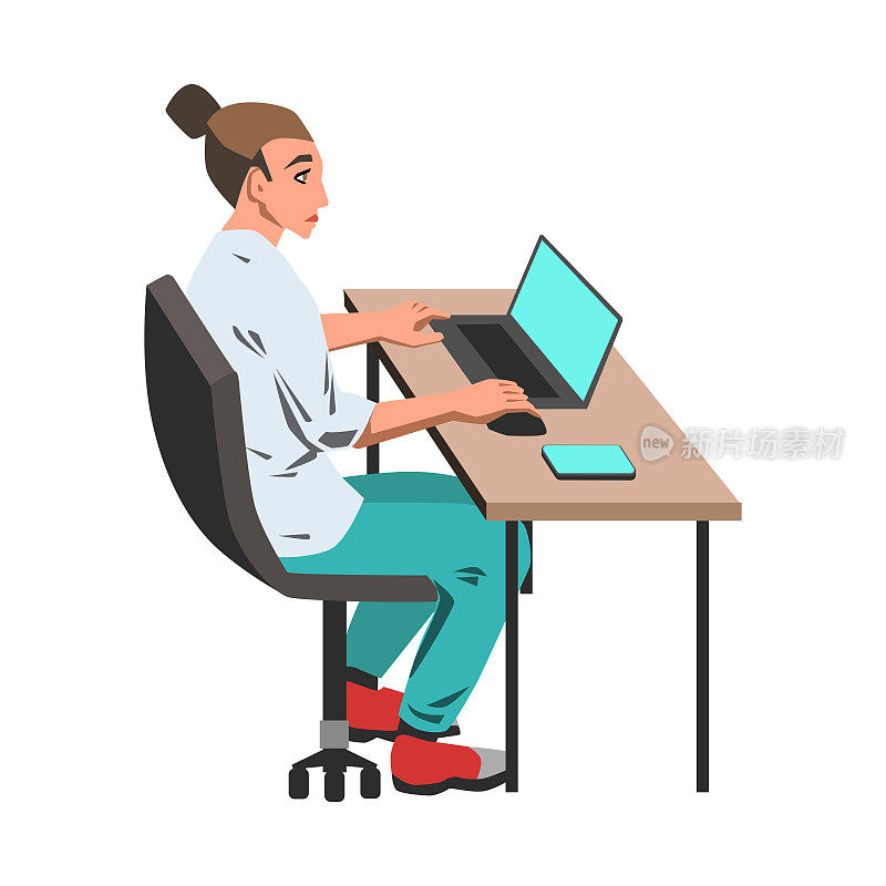 一个女人在她的笔记本电脑上工作，旁边是白色背景的插图