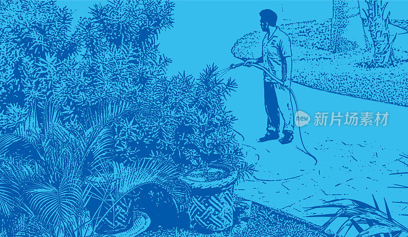 发现墨西哥。庭院设计师在玛雅里维埃拉的豪华旅游胜地浇水花园