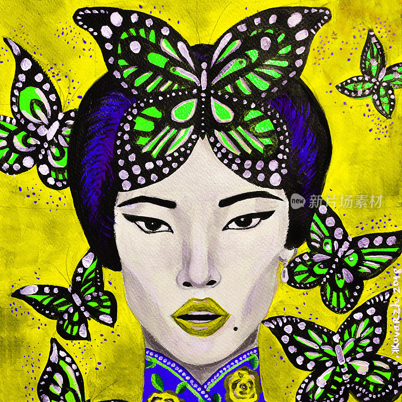 画着美丽的亚洲女人和蝴蝶