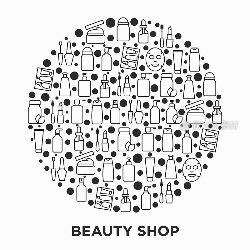 美妆店概念圈中有细线图标:护肤、霜、凝胶、有机化妆品、彩妆、皂液器、指甲护理、美容盒、除臭剂、面油、面膜。现代向量插图。