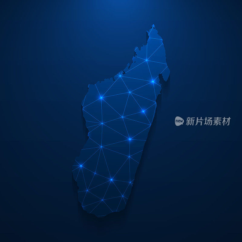 马达加斯加地图网络-明亮的网格在深蓝色的背景