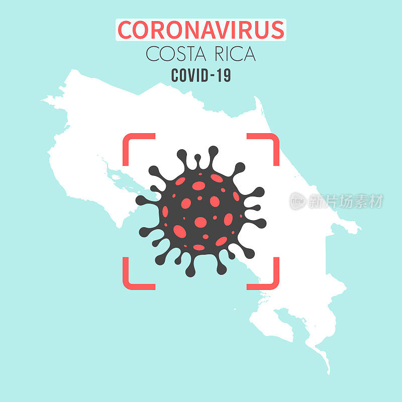 哥斯达黎加地图，红色取景器中有冠状病毒(COVID-19)细胞