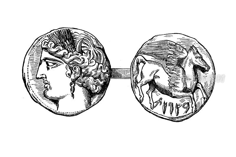 银5谢克尔迦太基硬币复制品与天空女神Tanit和翼马Pegasus在第一次布尼克战争的反面264-260