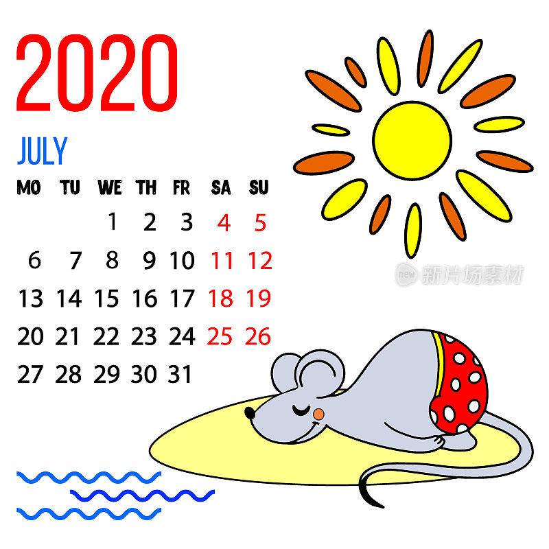 矢量2020新年日历7月的孩子与可爱有趣的老鼠日光浴。