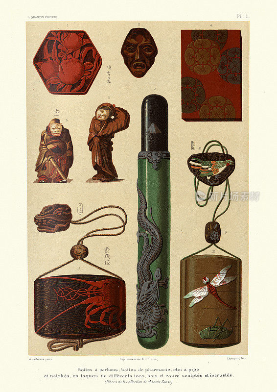 日本工艺品的例子，漆盒，坠子，象牙