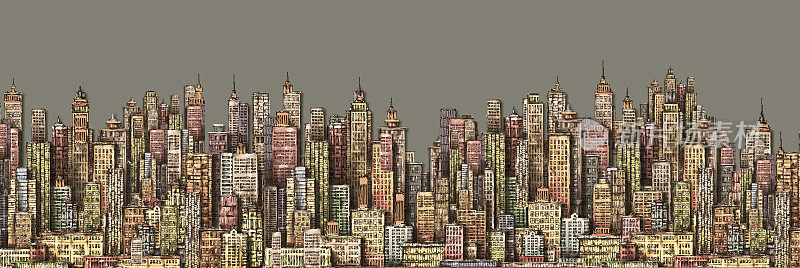 插图与建筑，摩天大楼，大城市建筑市中心