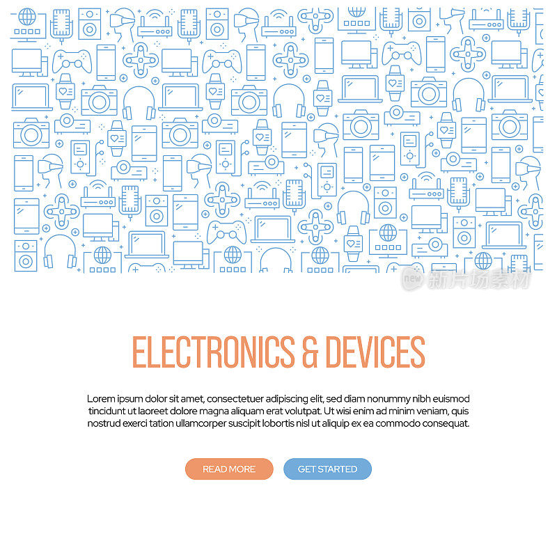 电子和设备相关的旗帜设计与模式。现代线条风格图标矢量插图
