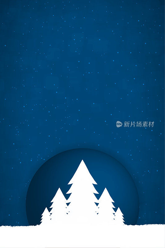 一个午夜蓝色创造性的圣诞和新年节日矢量背景，与五棵白色的圣诞针叶树与一个圆形光环周围