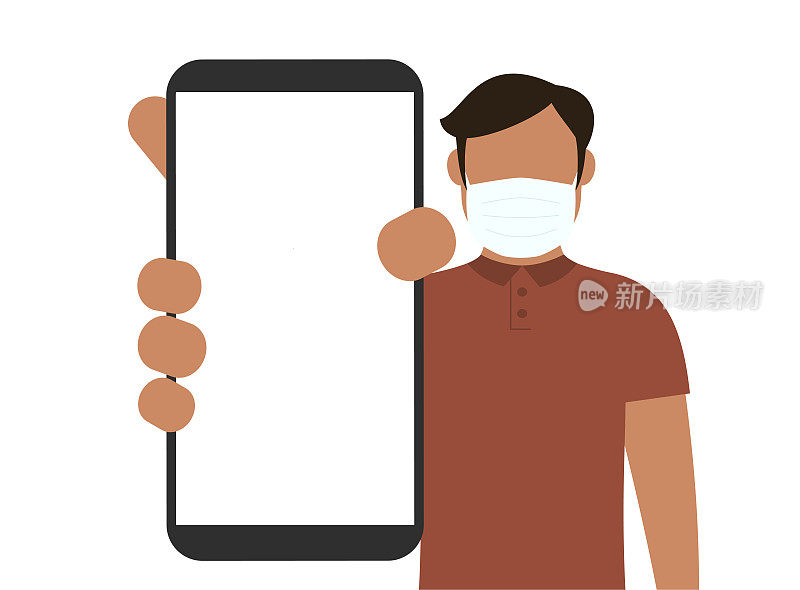 戴着医用口罩的男子展示着空白的智能手机屏幕。卡通矢量股票插图