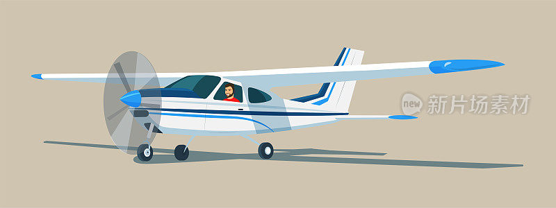 轻型单引擎飞机，飞行员在里面。侧视图。矢量平面风格的插图。