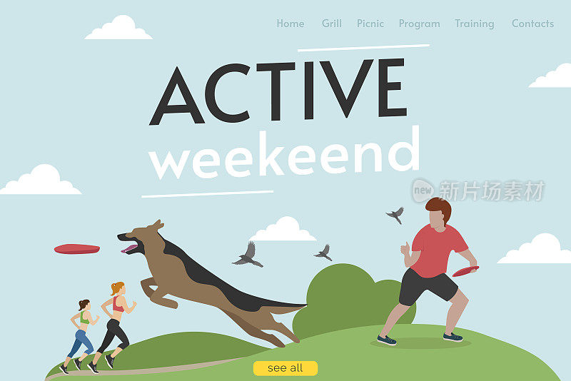 网站标题。活跃的周末。一个男人正在和一只狗玩飞盘。向量。