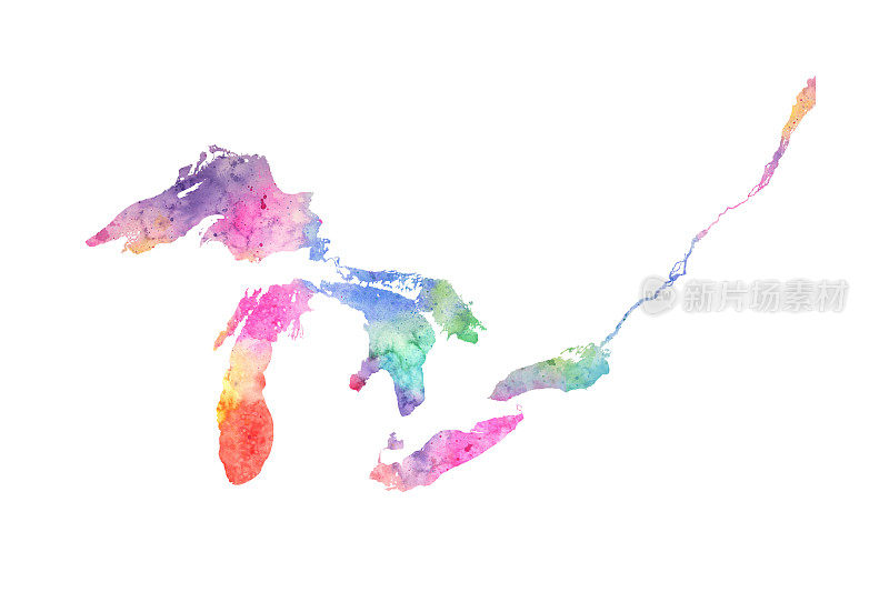 五大湖与圣劳伦斯光栅水彩地图插图