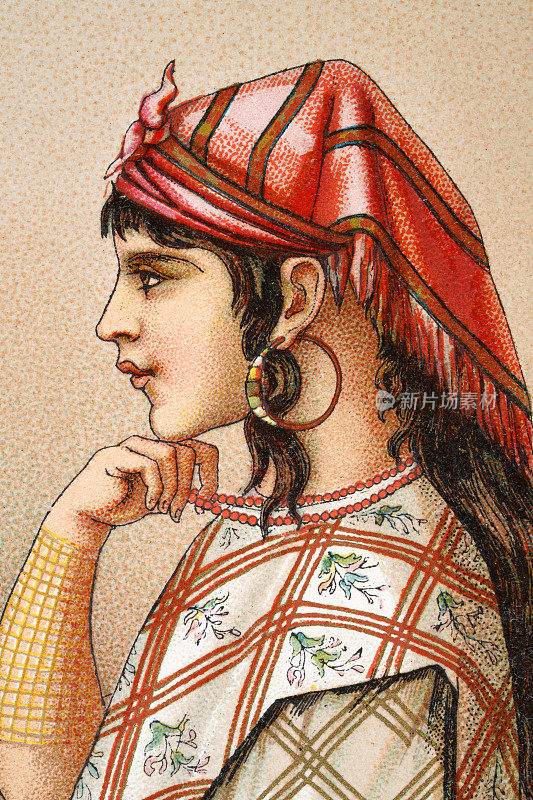 一个年轻的阿尔及利亚女人的肖像，耳环，头巾，珠子项链，19世纪