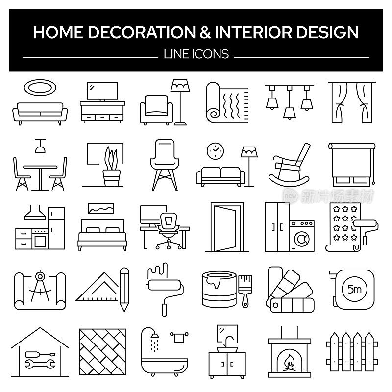 一套家居装饰和室内设计相关的线图标。轮廓符号集合，可编辑的描边