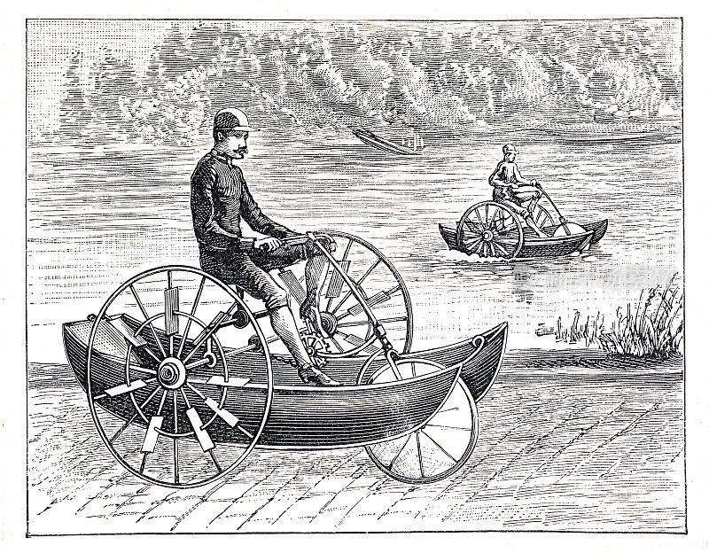 1893年，骑着水陆两用三轮车的人