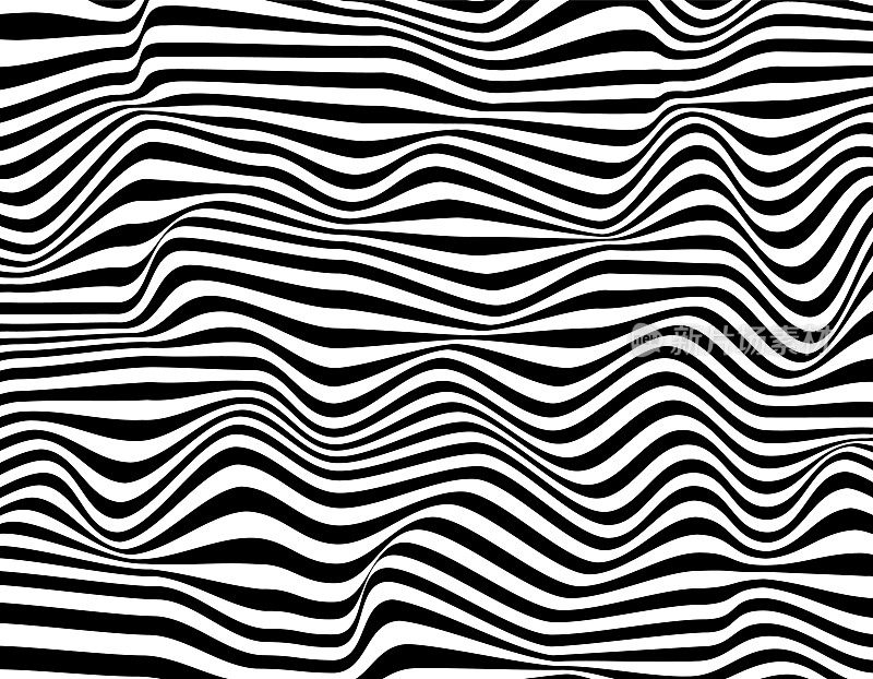 迷幻矢量背景与黑色波浪失真，黑白条纹背景，移动活动，几何形状线艺术