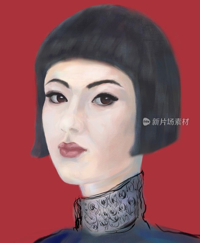 一个印象派风格的亚洲女孩的绘画肖像