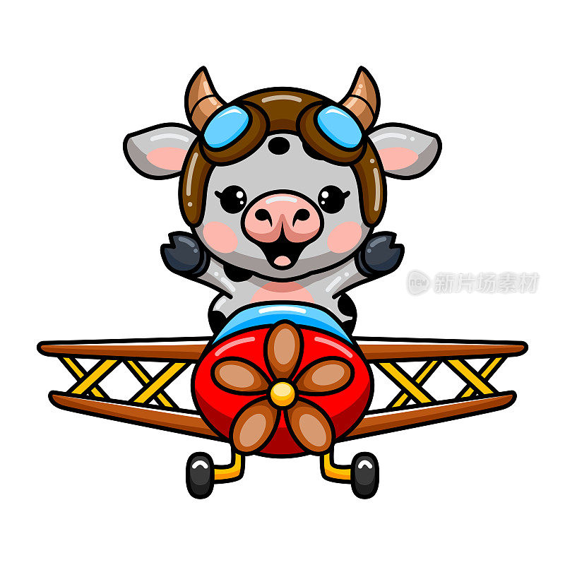 可爱的小母牛卡通在飞机上飞行