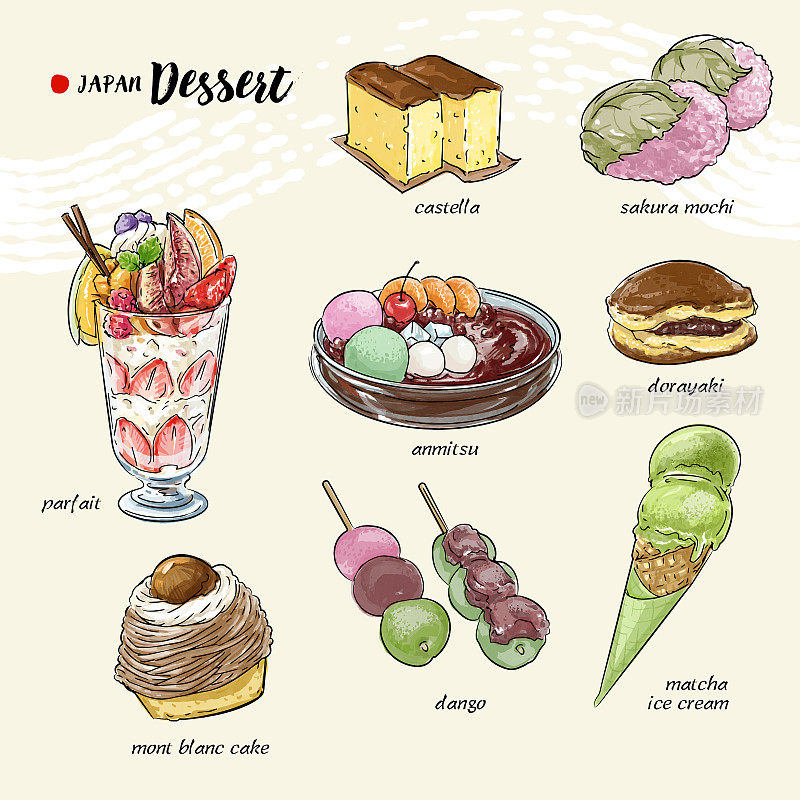 手绘水彩画日本甜品插图，日本的传统甜品。