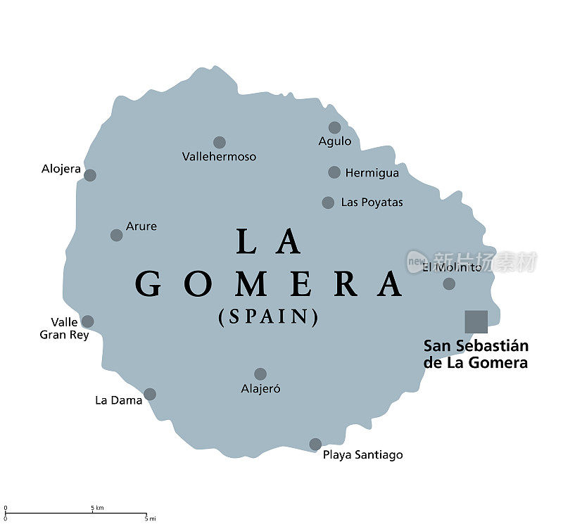 拉戈梅拉岛，灰色的政治地图，西班牙加那利群岛的一部分