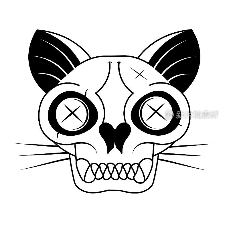 带有骷髅的卡通黑猫头，可爱的薛定谔猫的插图，半死半活。有趣的万圣节剪贴画
