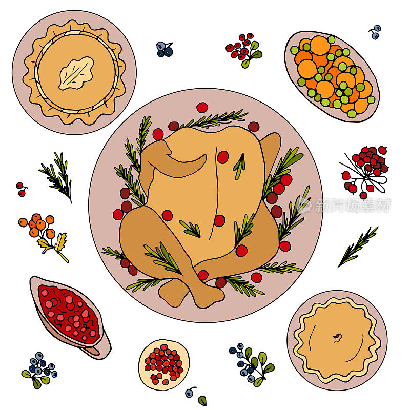 传统的感恩节食物。美味的有机素食。感恩节的传统烤火鸡，苹果派，浆果，果酱，胡萝卜和豌豆。传统的感恩节晚餐有烤火鸡。美味的节日食品在餐桌上。