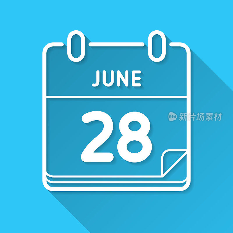 6月28日。蓝色背景上的图标-长阴影平面设计