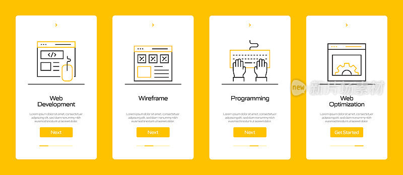 搜索引擎优化概念Onboarding移动应用程序页面屏幕与平面图标。UI设计模板矢量插图