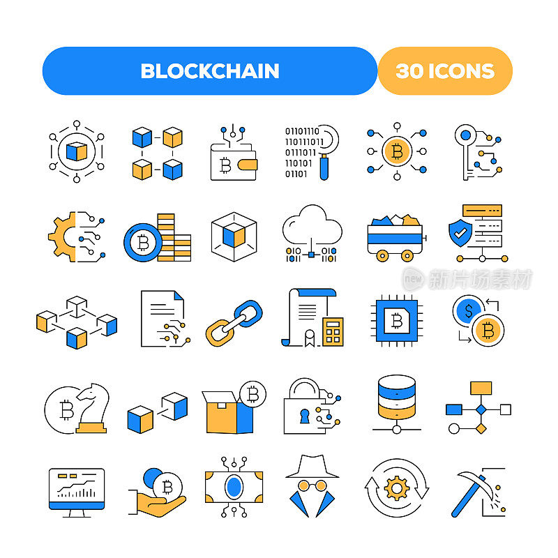 一组区块链相关的平线图标。大纲符号集合