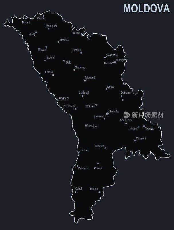 摩尔多瓦的平面地图，以黑色为背景的城市和地区